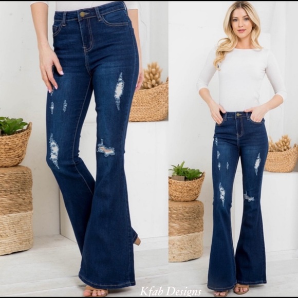 New! Clearance 🍇 Boho Gypsy High Waist Dark Denim Distressed Flare Jeans - Picture 4 of 7